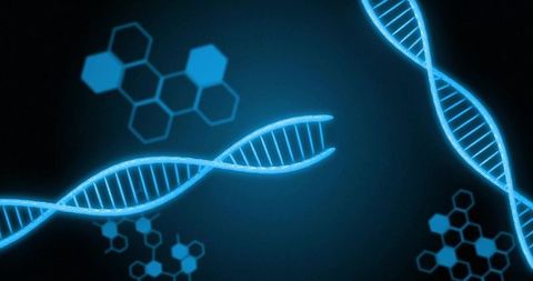 Glowing blue dna double helix on dark futuristic background with hexagonal motifs