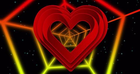 Red Heart Symbol Centered in Neon Hexagonal Tunnel Artistic Concept