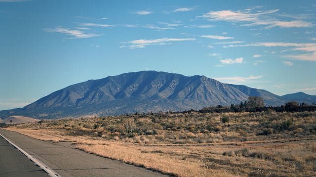 This image shows an open road stretching towards a distant majestic mountain under a clear sky. The dry grasslands and subtle shadows add to the serene and peaceful atmosphere, capturing the essence of open road adventures. Perfect for use in travel blogs, brochures, and advertisements promoting outdoor adventures and scenic drives.