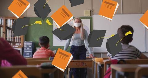 Masked teacher educating attentive students with overlayed school icons