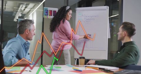 Creative team analyzing data trends in modern office environment