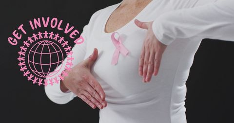 Breast Cancer Awareness Woman Touching Chest for Self-Examination