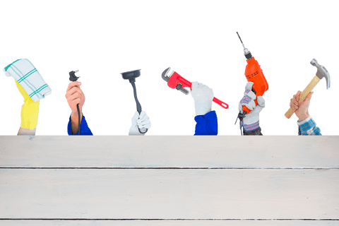 Diverse tools raised by workers hands on transparent background