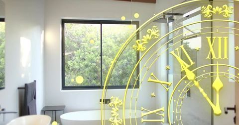 Featuring golden clock motif on glass partition over modern minimalist bathroom interior
