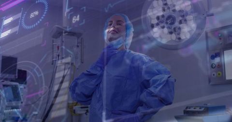 Female Surgeon Analyzing Digital Data in Future Operative Environment