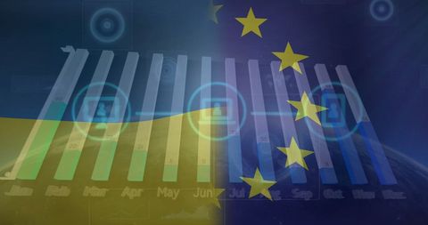 Ukraine and eu flags overlay with digital interface symbolizing collaboration