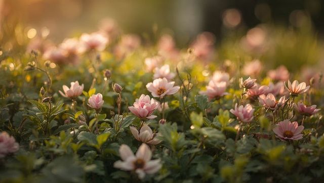 Sunlit pink daisy-like blooms unfolding over dewy garden bed with warm golden bokeh