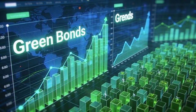 Green bonds growth dashboard with 3d bars, line charts and renewable energy icons, fintech