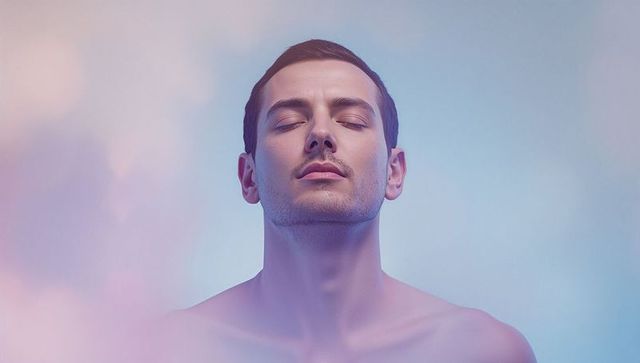Serene expression of shirtless man with gentle gradient background