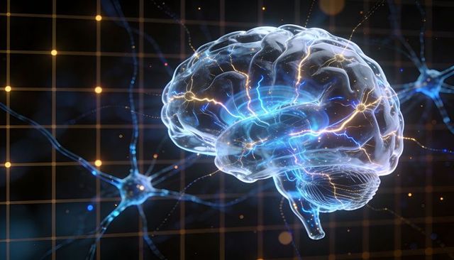 Holographic brain revealing glowing neural pathways and floating neurons in digital grid