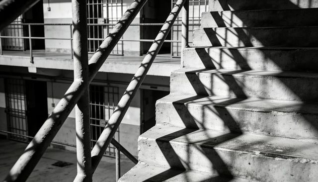 Monochrome concrete staircase casting zigzag shadows, metal railings in industrial hallway