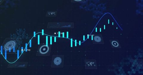 Futuristic financial graph with glowing candlestick bars and data panels