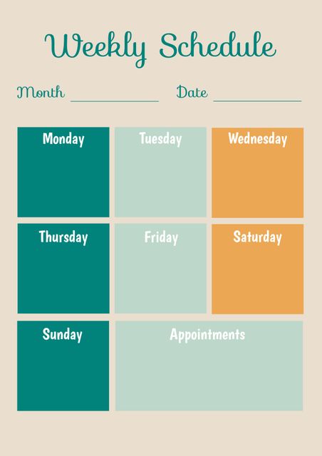 Minimalist weekly schedule template featuring large day boxes on a beige background for planning or organizing weekly tasks. Ideal for printing as a physical planner or using digitally to track daily activities, appointments, and goals. Suitable for personal, educational, or professional use.