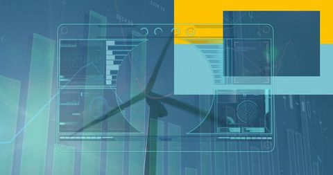 Futuristic data dashboard overlaying wind turbine
