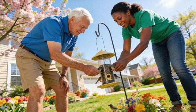 Volunteer helping senior neighbor refilling hanging bird feeder in colorful spring garden