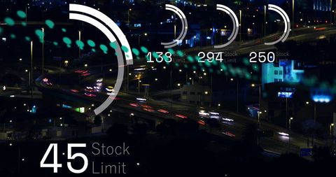 Digital interface and data graphs over night city traffic