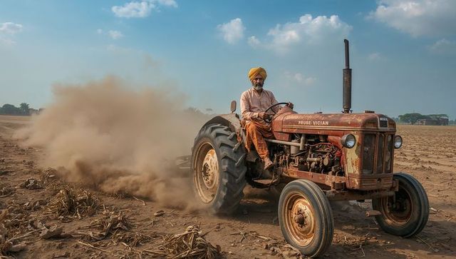 Farmer wearing turban driving tractor in dusty harvested field