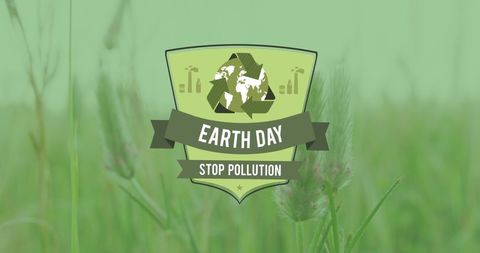Earth day stop pollution emblem on grass background