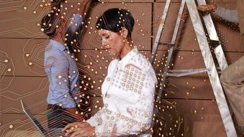 Warehouse Worker Using Laptop with Integrated Circuit Animation