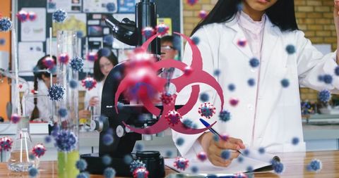 Scientists conducting lab research with virus overlay
