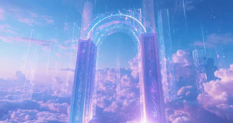 Glowing Celestial Archway Above Mystical Cloudscape
