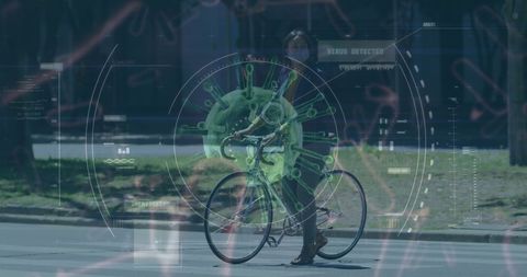 Digital Covid-19 Virus Interface Overlay with City Cyclist