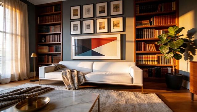 Sunlit modern living room with white sofa, built-in bookcases, geometric art, cozy throw
