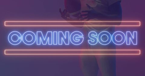 Neon coming soon sign with american football player