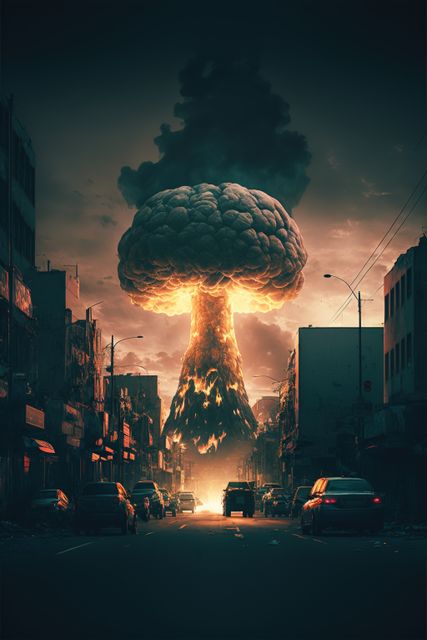 Depicting a dramatic apocalyptic scenario with a fiery explosion creating a massive mushroom cloud above a darkened city street. The destroyed and desolate atmosphere shows cars halted in the middle. Suitable for illustrating themes of urban decay, danger, catastrophic events, and gritty post-apocalyptic narratives.
