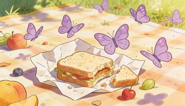 Whimsical pastel picnic scene with bitten sandwich, purple butterflies, fruit and crumbs