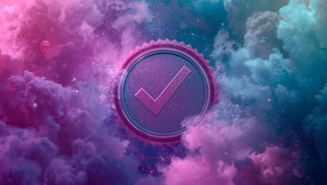 Neon checkmark medallion in cosmic nebula