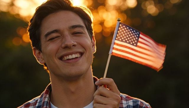 Young man smiling and waving american flag at golden hour holding small us flag portrait
