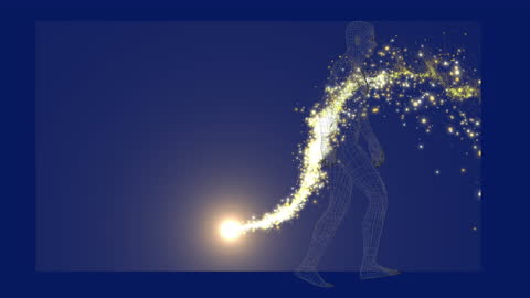 Digital Human Model with Flowing Light Effects on Blue Background