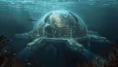 Glowing underwater dome city featuring docking arms, submarine patrol, sunlight shafts