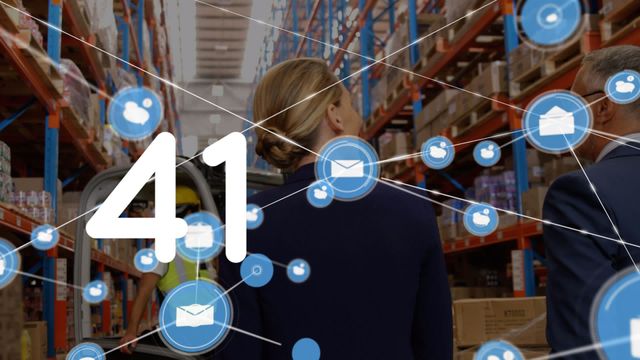 Illustrating the intersection between digital networks and warehouse logistics, this concept features people working in a warehouse with animated network connections. Useful for presentations on warehouse management, logistics technologies, and digital integration in supply chains.