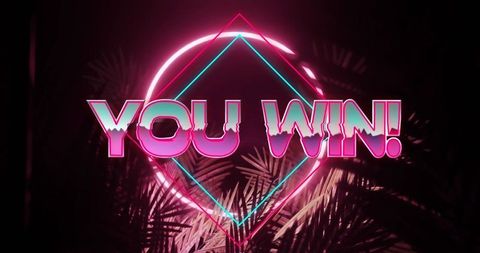 Neon glow over geometric shapes and palm leaves with 'you win!' text