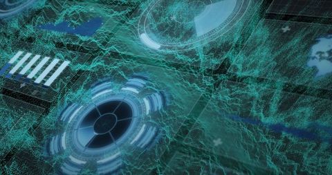 Abstract futuristic hud interfaces in cyberspace with teal wireframe