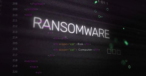 Ransomware warning overlaying HTML code on dark monitor with scanlines and green artifacts