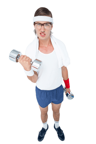 eccentric transparent hipster exercising with dumbbells chin elevated - Download Free Stock Videos Pikwizard.com