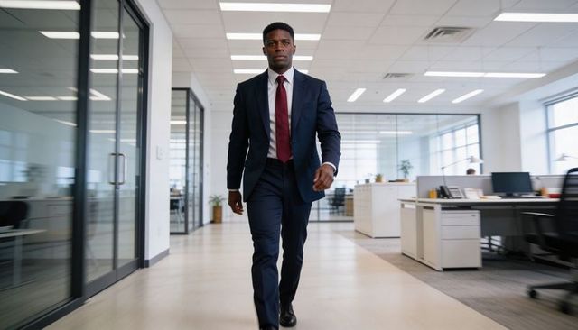 Confident businessman walking through modern open-plan office corridor, leadership and focus