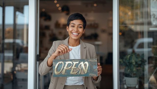 Smiling asian shop owner holding wooden open sign at boutique doorway, welcoming customers