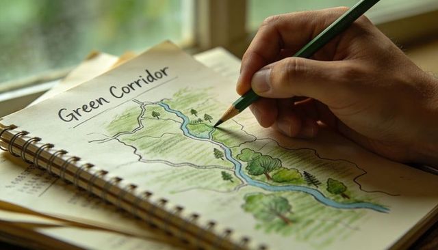 Designing green corridor map with colored pencil on spiral sketchbook by window light