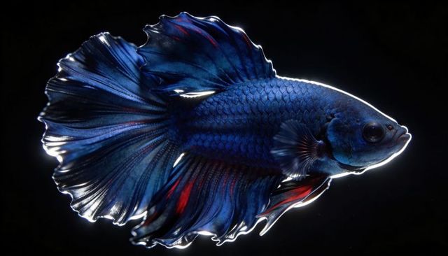 Iridescent blue betta splendens flaring flowing fins with crimson accents rim-lit