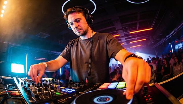 Mixing dj controlling turntable and mixer with colorful pads in nightclub crowd
