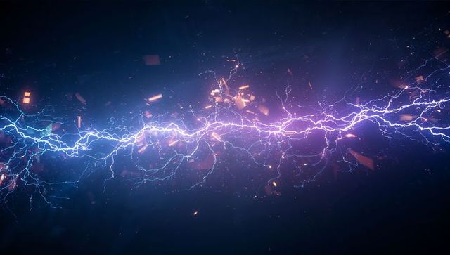 Electric lightning bolt in sci-fi void with neon sparks