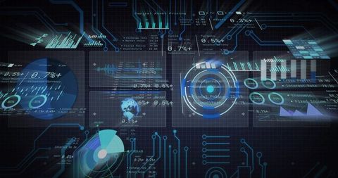 Futuristic holographic multi-panel hud displaying real-time data visualization, analytics