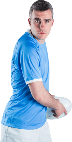 Rugby player in blue preparing to pass a ball on transparent background