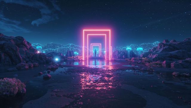 Futuristic adventure with neon portals and reflective landscapes