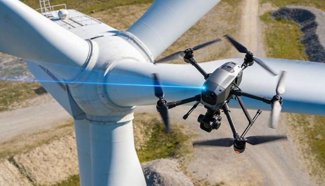 Inspection drone scanning wind turbine nacelle while flying close to rotor hub