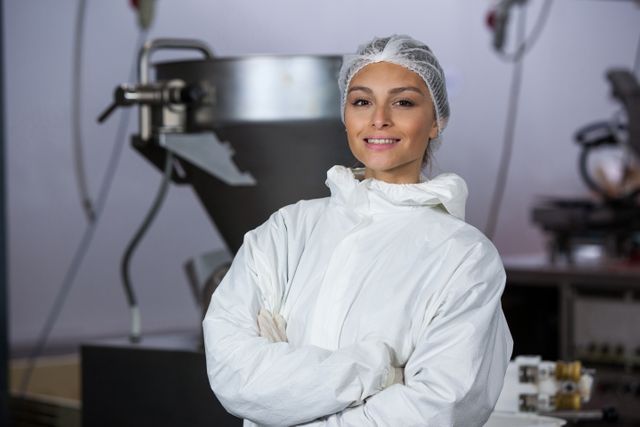 Portrait of female butcher standing with arms crossed in meat factory